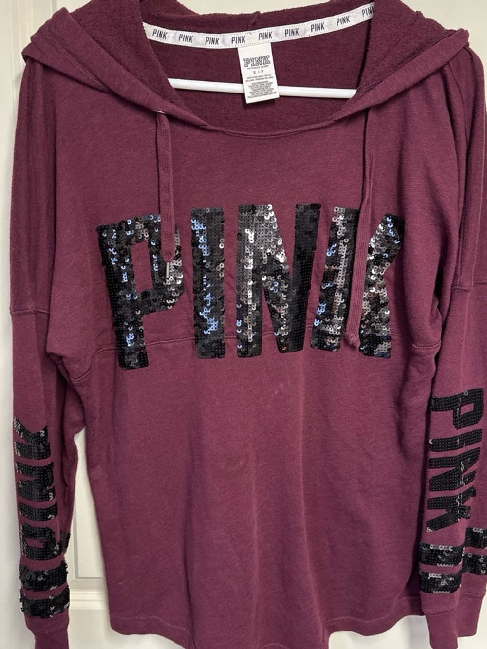 Victoria's Secret PINK Maroon Hooded Pullover with Logo Trim and Sequins size m
